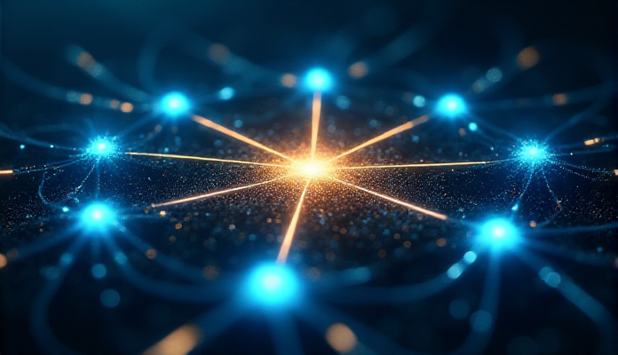 A futuristic, abstract visualization of Retrieval-Augmented Generation (RAG) as a transformative force in AI. Imagine a network of interconnected nodes, each glowing with a vibrant blue light, representing a vast knowledge base. A central, pulsating core, radiating golden light, symbolizes the LLM's text generation capabilities. Thin, ethereal lines flow between the nodes and the core, signifying the seamless transfer of information and the fusion of retrieval and generation. The background is a dark, starry expanse, representing the boundless possibilities of AI powered by RAG. The overall mood is one of awe and wonder, emphasizing the transformative potential of this technology.