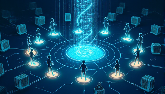 A stylized illustration depicting the inner workings of Retrieval-Augmented Generation (RAG). The central figure is a large language model (LLM), represented as a towering, intricate machine learning network with glowing nodes and flowing data streams. Surrounding the LLM are smaller, interconnected figures representing information retrieval systems, each pulling data from various sources: books, databases, websites, and even human knowledge. The scene is bathed in a cool, blue light, emphasizing the technical and intellectual aspects of RAG. Data flows from the retrieval systems to the LLM, where it is processed, analyzed, and transformed into a coherent response. The overall mood should be one of intellectual curiosity and technological advancement.