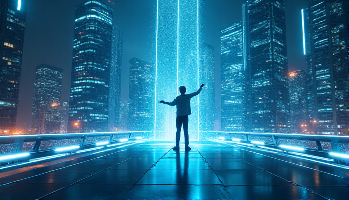 A futuristic cityscape with towering structures and illuminated screens representing the vast amount of data used in RAG. In the foreground, a figure interacts with a transparent holographic interface, representing the user experience. The scene should convey the power and potential of RAG, while also highlighting the challenges of data bias and the need for transparency. The color scheme should be cool and vibrant, with a futuristic feel, and the overall mood should be optimistic but with a hint of caution. Incorporate visual elements to represent the concepts of computation, information retrieval, and data bias.